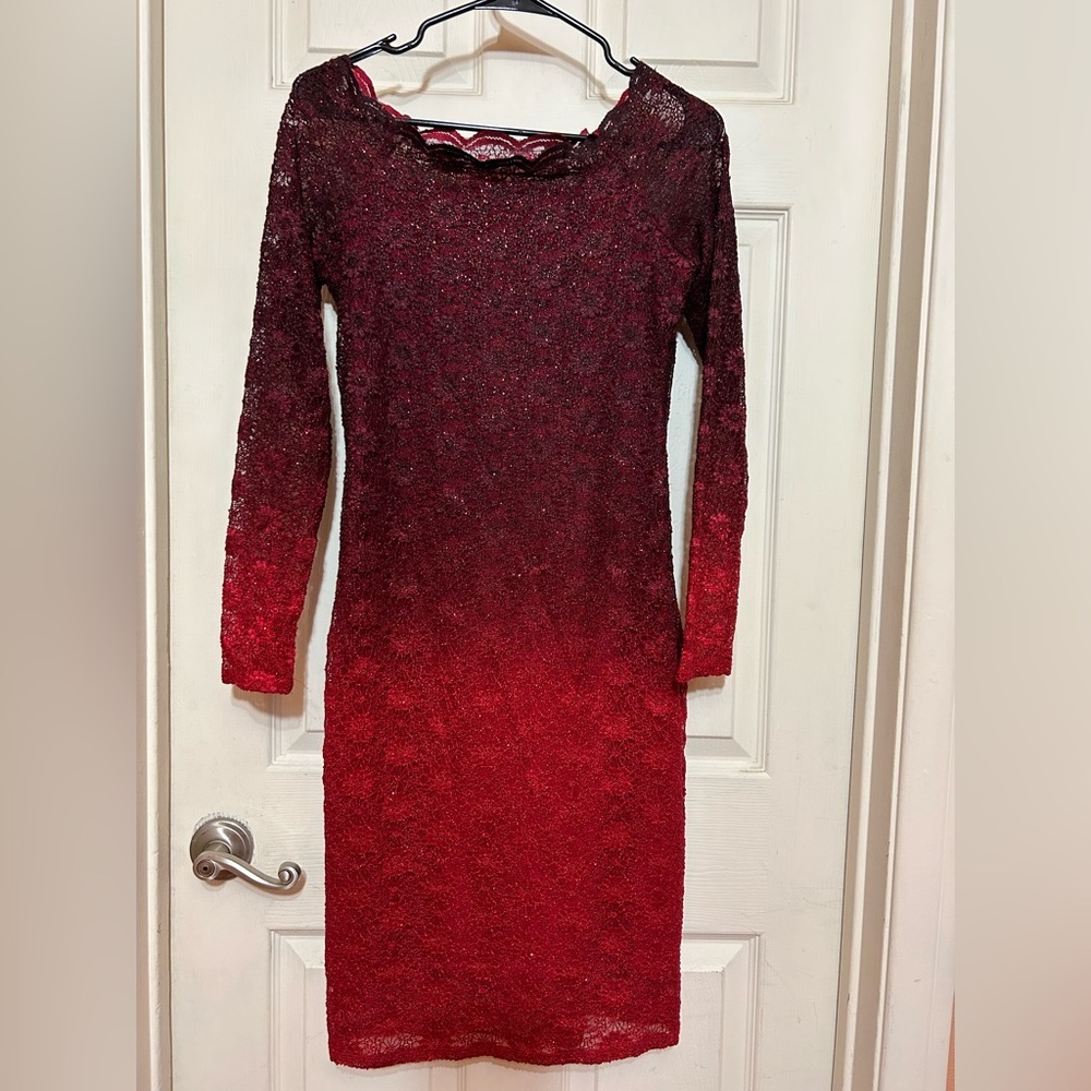 Ombre lace red bodycon dress scalloped collar size 4